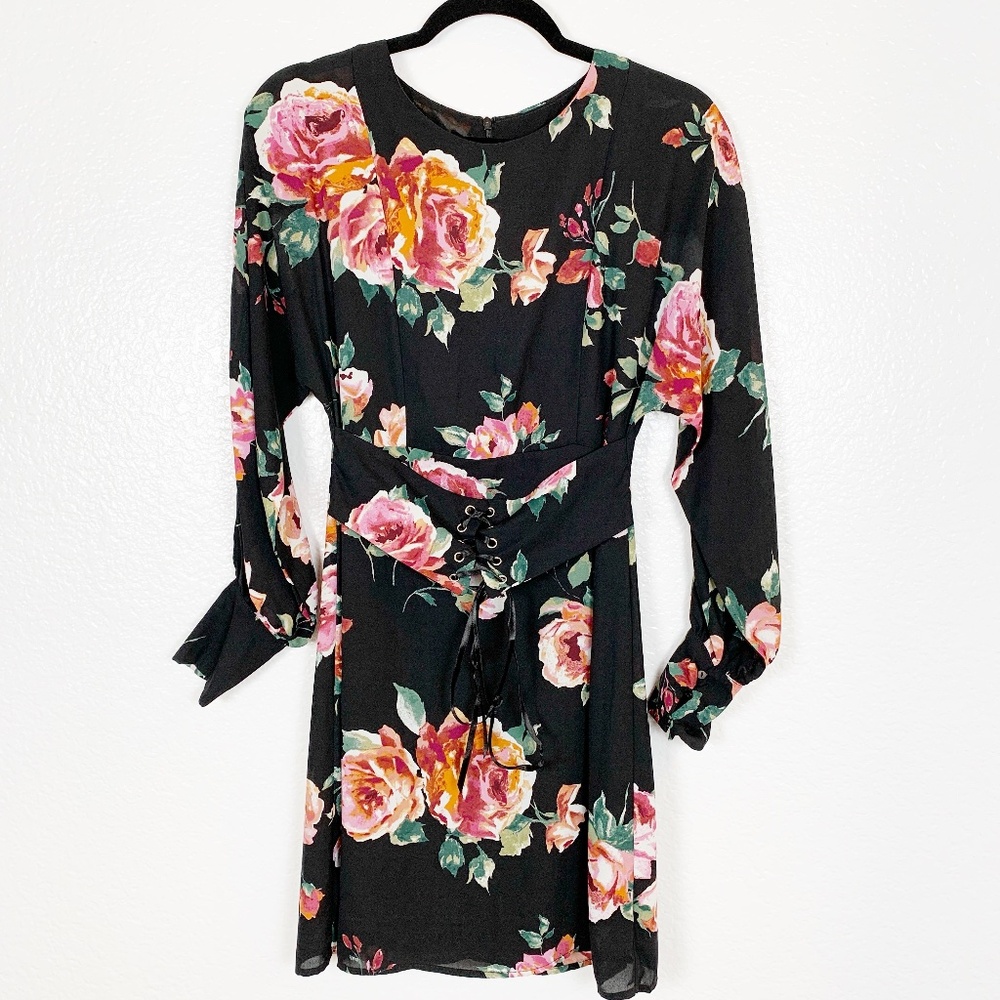 Everly Black Floral Corset Dress Womens Small Whimsigoth Cottagecore Long Sleeve